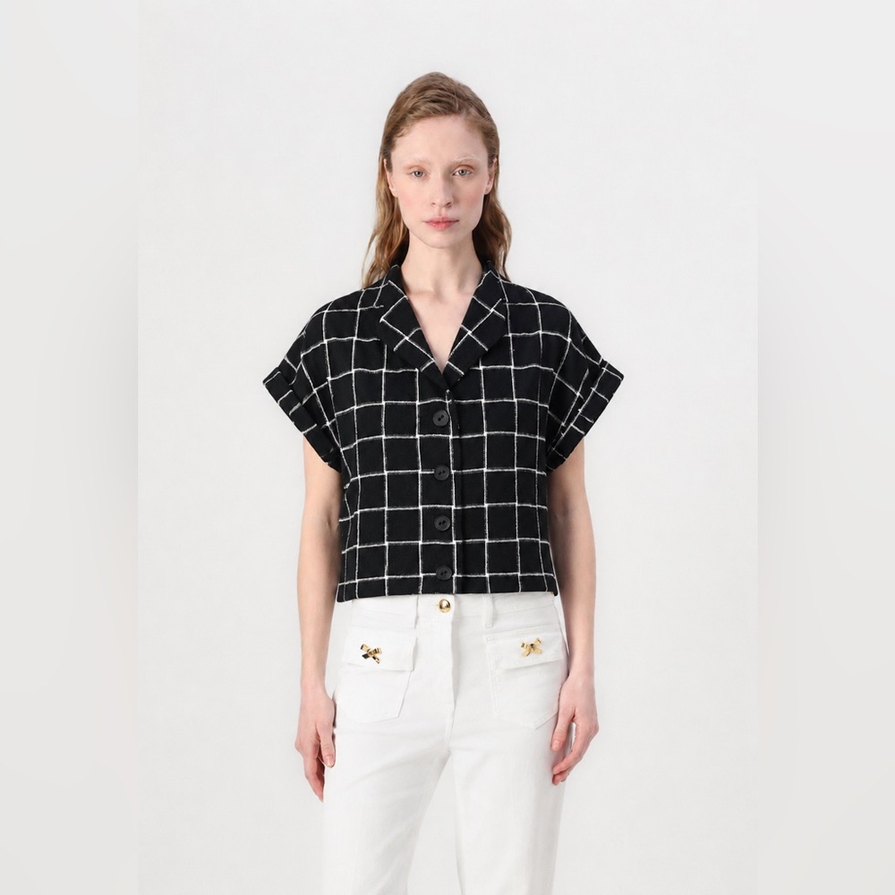 ANNIE 50 - Black Windowpane Check Short-Sleeve Button Front Shirt/Vest